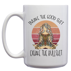 Inhale the Good Shit, Exhale the Bullshit Retro Yoga Middle Finger Mug