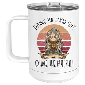 Inhale the Good Shit, Exhale the Bullshit Retro Yoga Middle Finger Mug